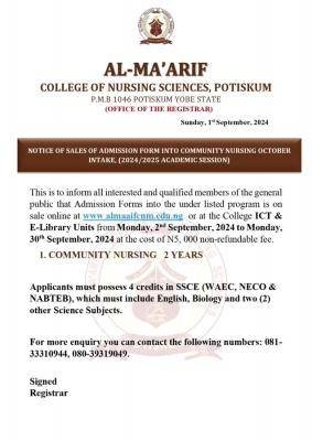 Al-Ma'arif College of Nursing Sciences Admission into Community Nursing, 2024/2025 (October intake)