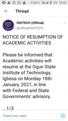 OGITECH notice on resumption