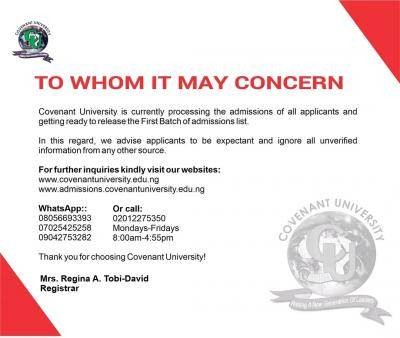 Covenant University notice to applicants of 2024/2025 session