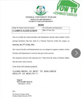 FUWUKARI SUG issues important notice to all students