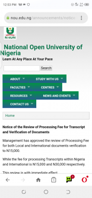 NOUN notice on the Review of Processing Fee for Transcript and Verification of Documents