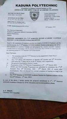 Kaduna Polytechnic proposed amendment to 1st/3rd semester 2019/2020 academic session