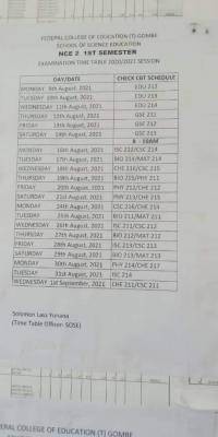 FCE (T) Gombe NCE II 2020/2021 1st semester examination timetable