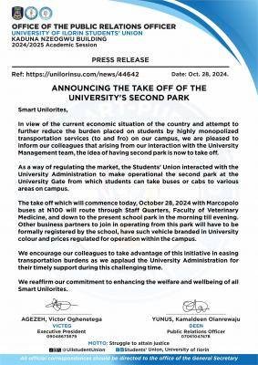 UNILORIN SUG announces take off of the university's second park