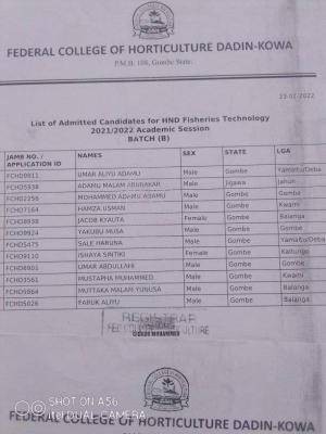 Federal College of Horticulture Dandikowa 2nd batch HND admission list, 2021/2022