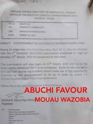 MOUAU postpones 1st semester exam, 2019/2020