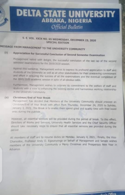 DELSU notice on conclusion of 2nd semester, 2019/2020 an end of year break