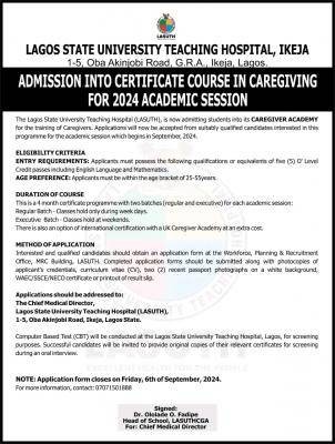 LASUTH admission into certificate course in caregiving - 2024 session