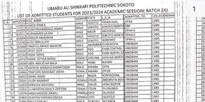 Umaru Ali Shinkafi Polytechnic ND/HND batch 2A admission lists for 2023/2024 Session