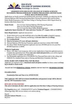 Edo State College of Nursing Science 5th Cohort admission