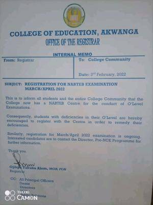 COE Akwanga now has a NABTEB Centre for the conduct of O'Level examinations.