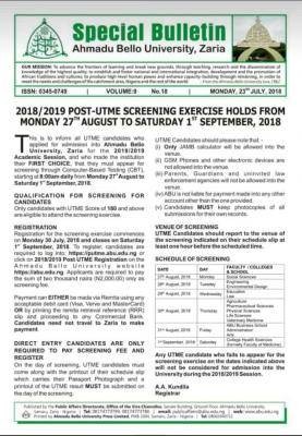 ABU Post-UTME/DE 2018: Cut-off mark, Dates, Eligibility And Registration