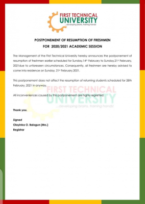 First Technical University postpones resumption of fresh students for 2020/2021 session