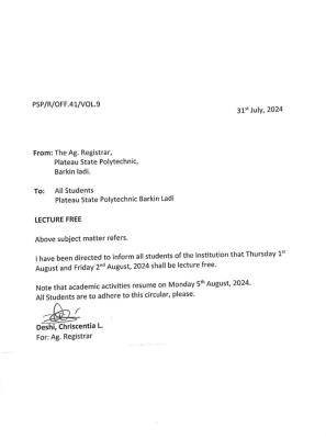 PLAPOLY declares Thursday, 1st and Friday, 2nd August 2024 as lecture free days