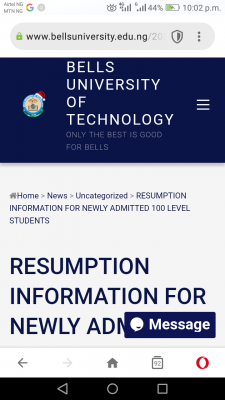 Bells University Of Technology notice to newly admitted 100 Level students, 2020/2021