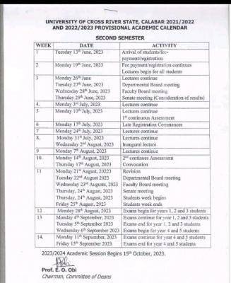 UNICROSS 2nd semester academic calendar, 2021/2022 & 2022/2023