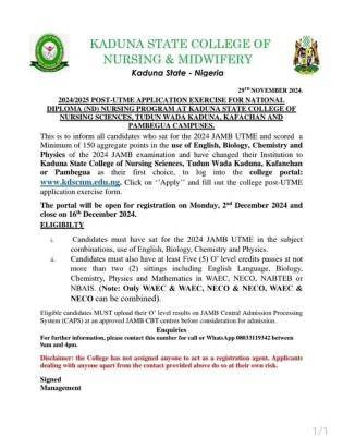 Kaduna College of Nursing & Midwifery releases ND Nursing form, 2024/2025