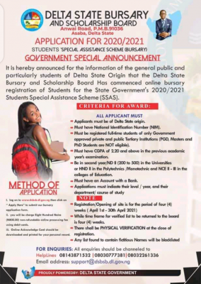 Delta State bursary application for 2020/2021 session