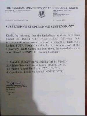 FUTA suspends 4 students indefinitely over an assault case