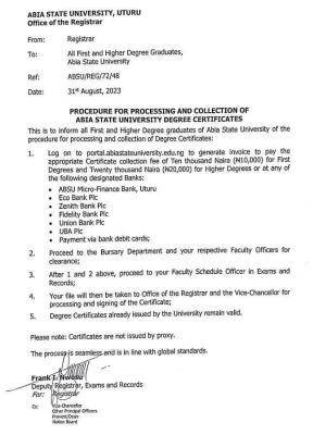 ABSU procedure for processing and collection of degree certificates