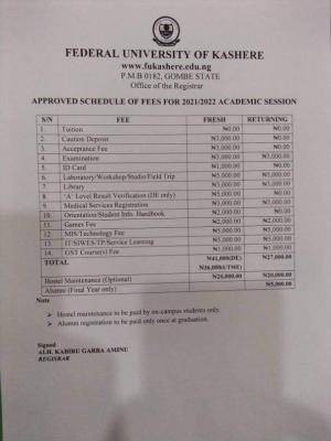 FUKashere approved schedule of fees, 2021/2022