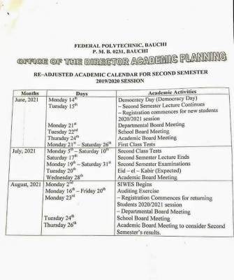 Fed Poly, Bauchi re-adjusted academic calendar for second semester, 2019/2020