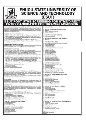 ESUT Post-UTME/DE 2024: cut-off mark, eligibility and registration details