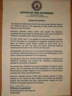 Adamawa State Government announces date of resumption of schools at all Levels