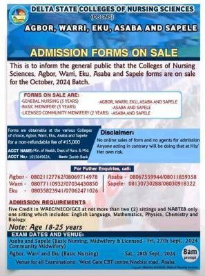 Delta State College of Nursing Sciences Admission form, 2024/2025