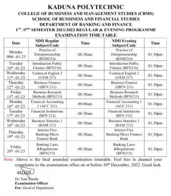 KADPOLY adjusted exam timetable for 1st/3rd semester, 2021/2022 (Regular and Evening)