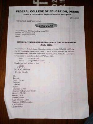 FCE Okene notice of TRCN qualifying examination to final year students