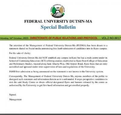 FUDUTSIN-MA debunks fake news on free JAMB admission into it's Kano campus