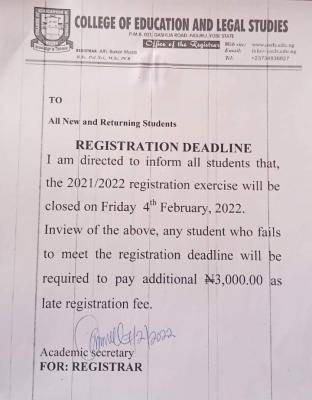 College of Education and legal studies, Nguru Registration Deadline 2021/2022