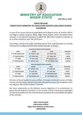 Niger State publishes revised calendar for secondary schools