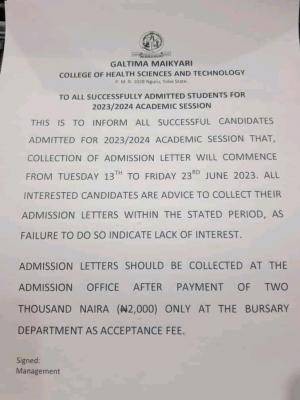 Galtima Mai Kyari College of Health Sciences & Tech notice to newly admitted students, 2023/2024