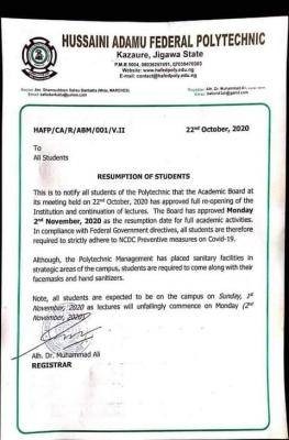 Hussaini Adamu Federal Polytechnic resumption date for full academic activities