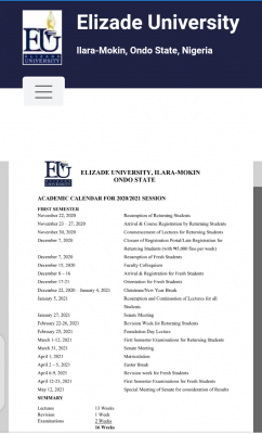 Elizade University academic calendar for the 2020/2021 session
