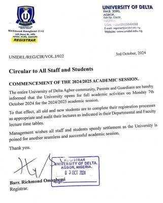 UNIDEL issues notice on commencement of 2024/2025 academic session