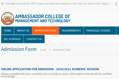 Ambassador College of Management and Technology admission form for 2020/2021