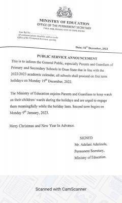 Osun State Government notice on first term holiday