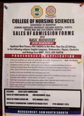 UDUTH sales of admission form into Basic Midwifery, 2024/2025