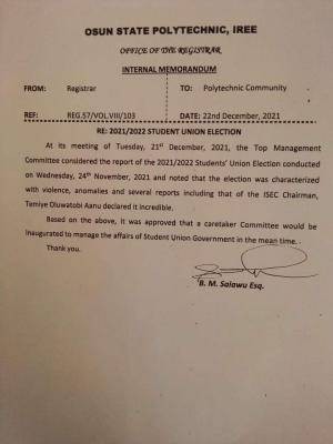 OSPOLY notice on SUG elections, 2021/2022