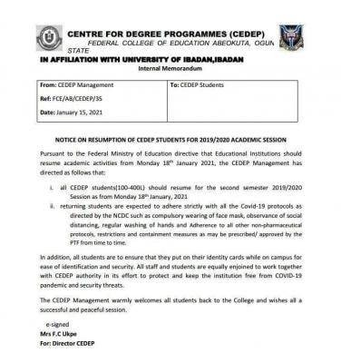 FCE Abeokuta Degree resumption notice