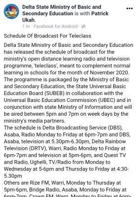 Delta State Ministry of Basic and Secondary Education schedule of broadcast for Teleclass