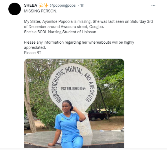 UNIOSUN 500-level nursing student declared missing