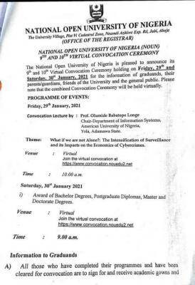 NOUN notice on 9th and 10th virtual convocation ceremony