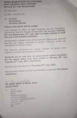 Akwa Poly announces notice to staff and students