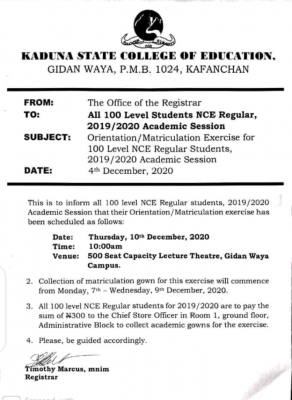 Kaduna COE Orientation/Matriculation ceremony for 100 Level NCE Regular Students, 2019/2020