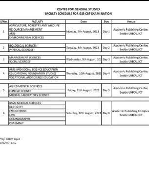 UNICAL GSS CBT examination timetable, 2022/2023 session