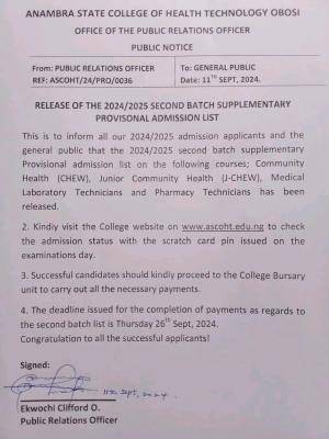 Anambra College of Health Tech OBOSI releases 2nd batch supplementary admission lists, 2024/2025